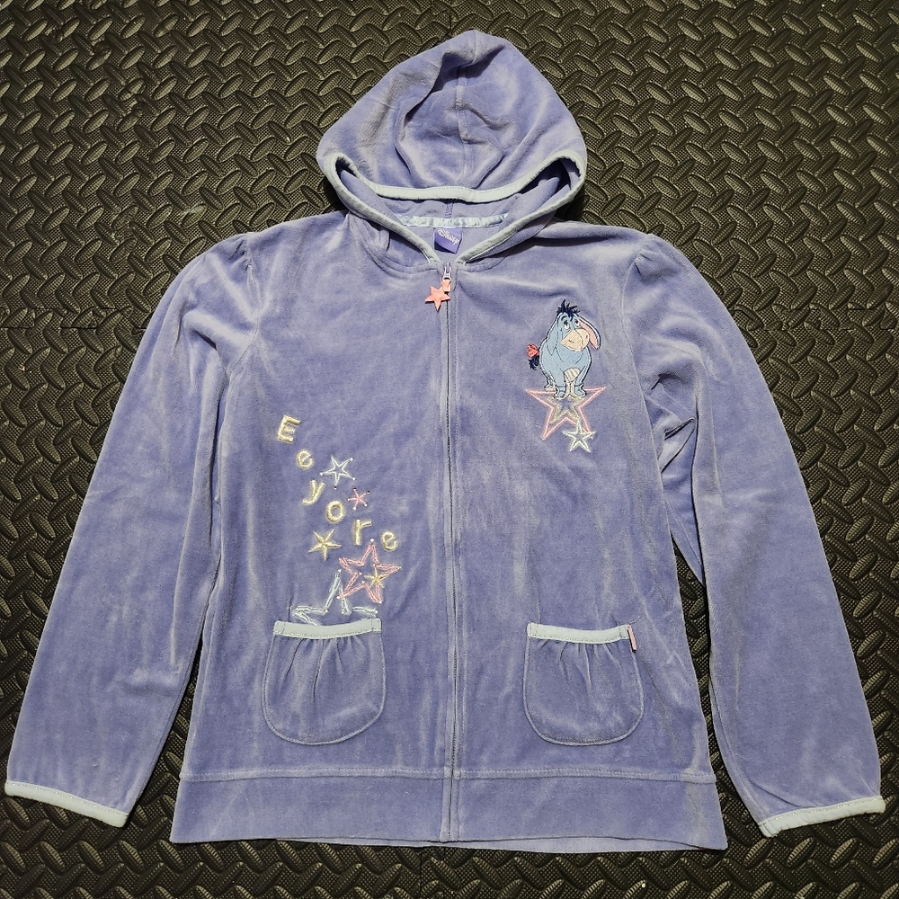 Vintage Disney Eeyore Lavender Velour Zip Hoodie Girls L Embroidered Y2K